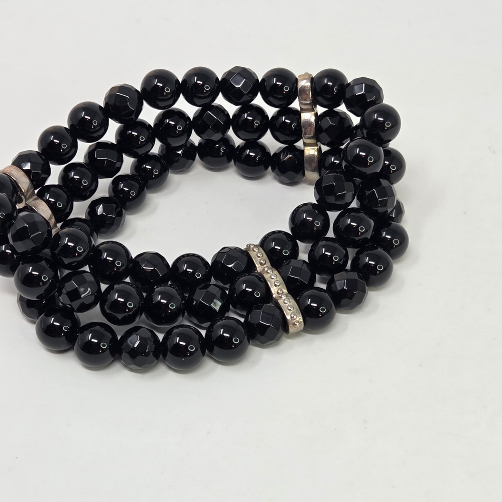 Whitney Kelly WK Triple Strand Black‎ Beaded Bracelet Sterling Silver Accents